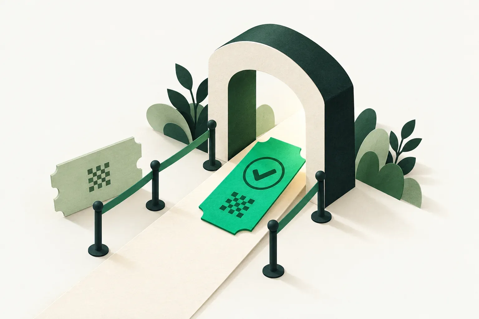 An emerald ticket with a check mark at an entrance arch, with a pale sage ticket waiting beside the path