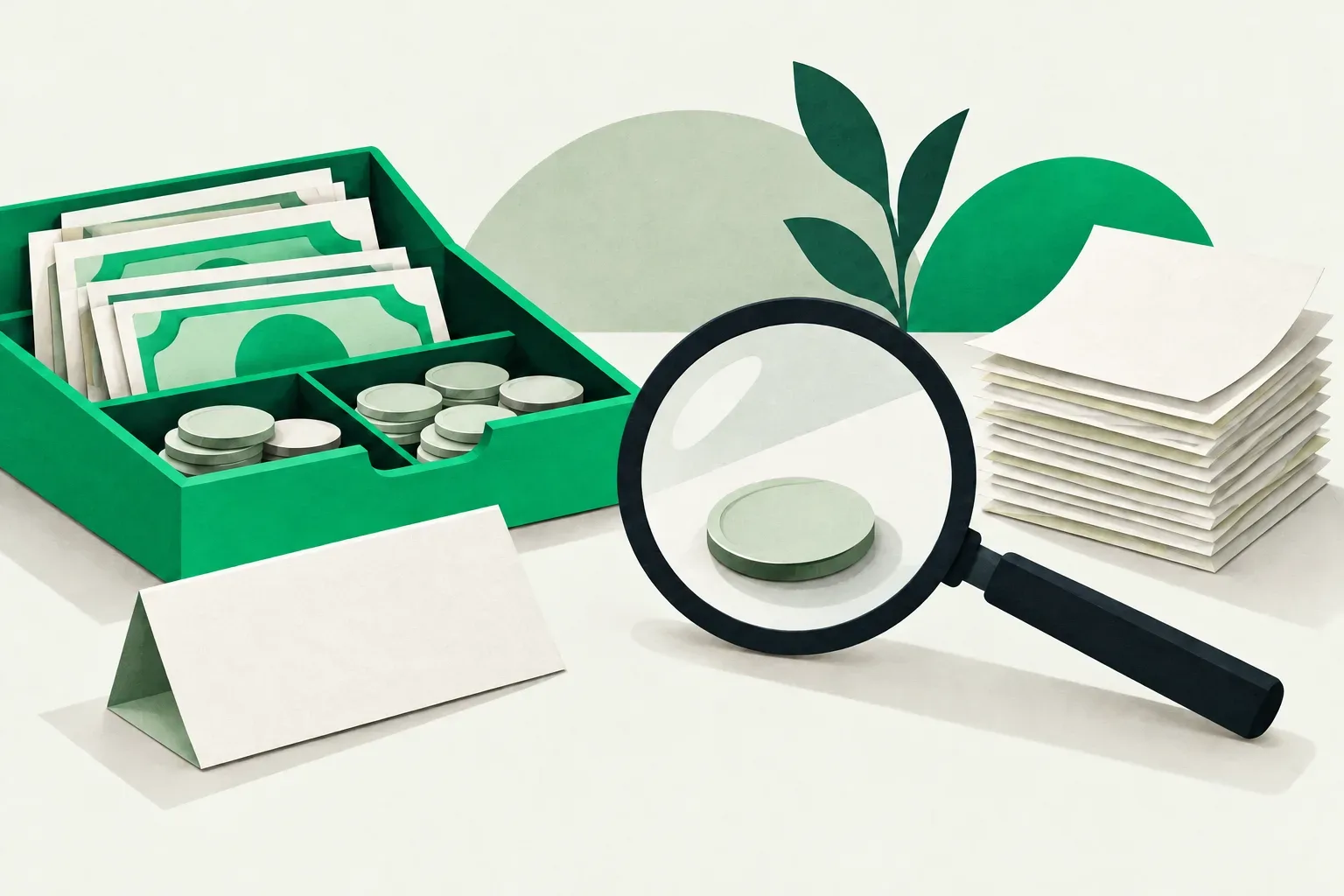 A paper cash tray and blank receipts beside a magnifying glass checking one coin