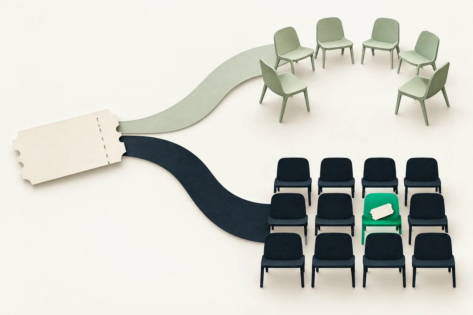 An ivory ticket branching toward a semicircle of sage chairs and rows of ink chairs with one emerald seat