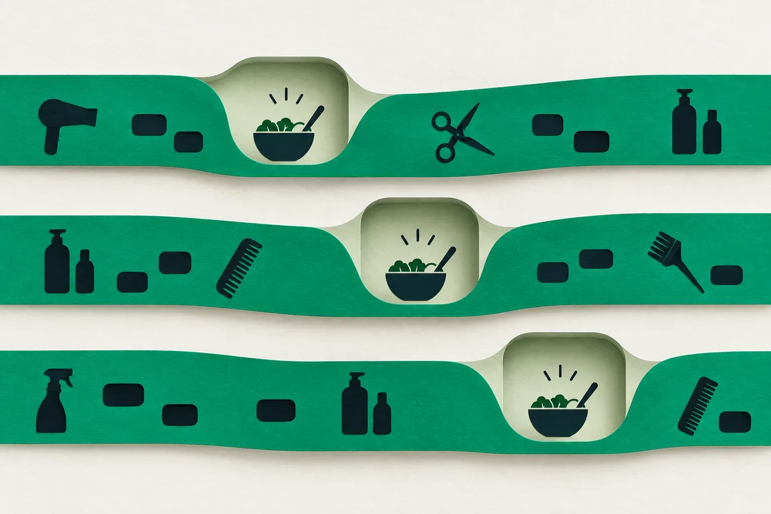Three green work paths with staggered lunch bowls in protected pale-sage alcoves.
