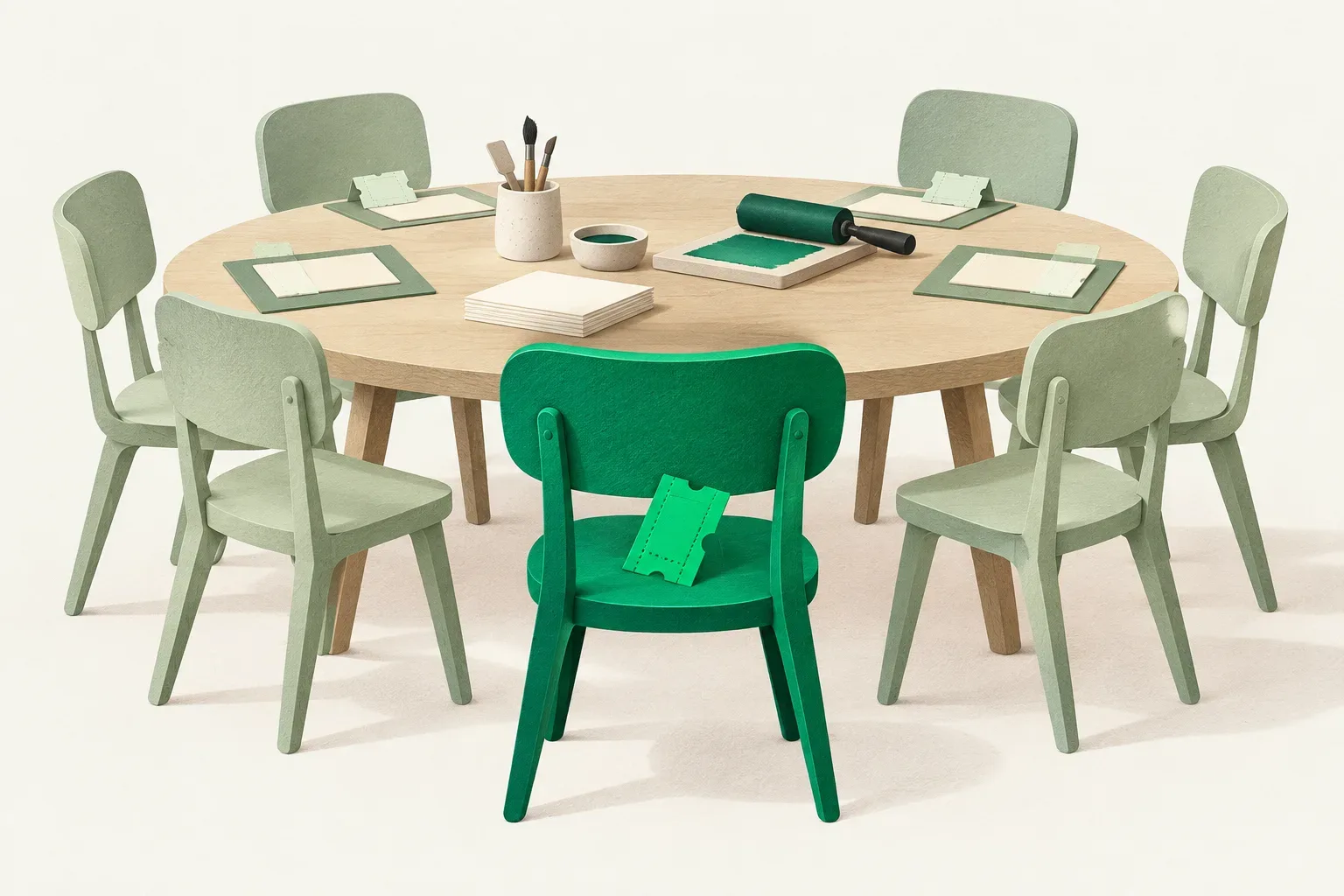 An emerald ticket on a green chair at a shared workshop table with pale sage chairs