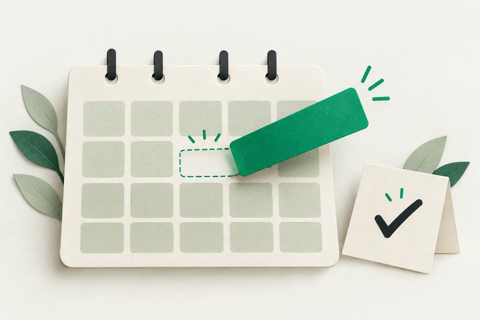 An emerald reservation strip lifted from a paper calendar beside an acknowledged note