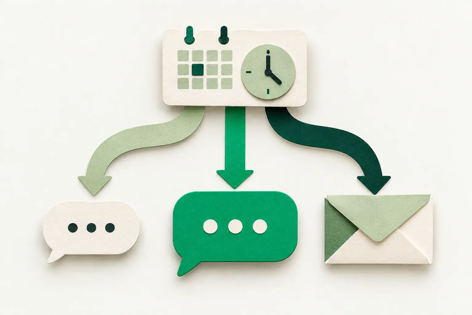 A paper calendar and clock branching into two message bubbles and an envelope